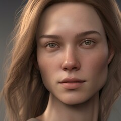 Fototapeta premium A highly detailed, hyper-realistic close-up portrait of an AI-generated human face. This digital artwork features lifelike skin textures, expressive eyes, and natural lighting.