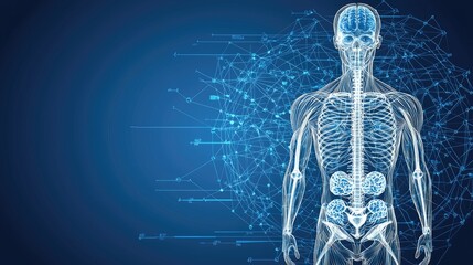 Anatomic skeleton model shows bones and brain connections with blue network in background