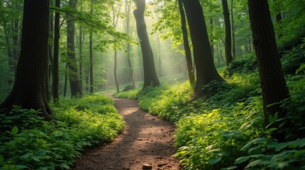 Obraz premium A forest hiking trail winding through trees with soft sunlight streaming through lush green foliage, creating a calm and peaceful atmosphere.