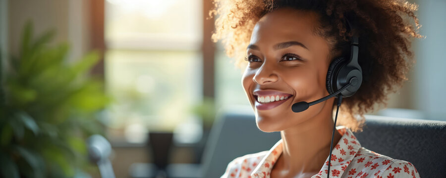 Smiling black woman is customer service representative with headset in sunlit office. She provides tech support and friendly assistance. Corporate agent works in call center to help client.