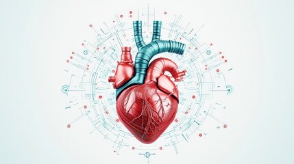 Illustration of a human heart surrounded by decorative elements, showcasing anatomical details in vibrant colors.