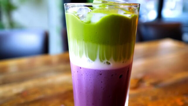 Refreshing iced matcha and taro latte beverage stands on a wooden table