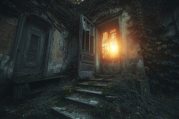 Fototapeta premium Sunlit doorway in an overgrown ruin