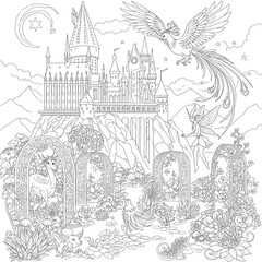 Obraz premium Where darkness dances with wonder. Explore a world of strange beasts and hidden magic in this captivating coloring book page.