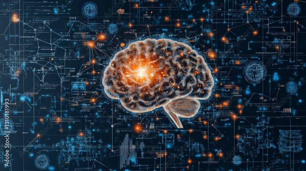 Poster digital illustration of a glowing brain surrounded by data patterns, symbolizing artificial intellig