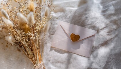 bouquet of dried flowers with a love letter on white background