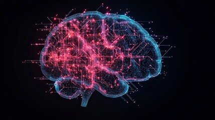 Digital brain illustration with vibrant blue and pink connections, symbolizing technology and neural networks against a dark background.
