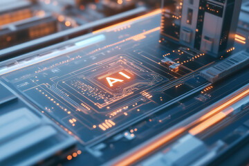 Futuristic AI processor at the core of an intelligent system, enhancing computing performance.
