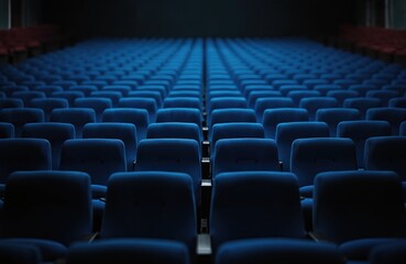 Fototapeta premium Close up of cinema auditorium interior with blue velvet chairs rows. No people. Empty seats in modern theatre hall movie stage before showtime, presentation or performance.