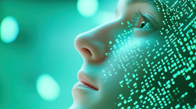 Futuristic humanoid face with binary code overlay in technology concept