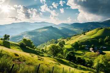 Naklejka premium Rolling Hills under the Sky: A breathtaking vista of verdant rolling hills, bathed in the warm glow of the sun under a vibrant, cloudy sky, evokes feelings of peace and serenity.