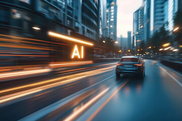 Obraz premium AI-powered digital advertisement displayed in motion on a futuristic city highway. 