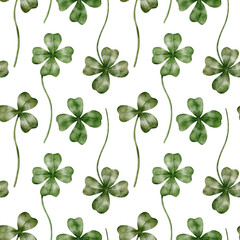 Cotton fabric seamless pattern with hand drawn watercolor clovers. Green ornament with botanical elements. Natural style. Suitable for textiles, wallpapers, prints, packaging, scrapbooking