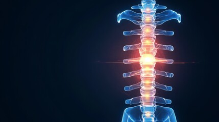 A digital representation of a human spine, highlighting the vertebrae and intervertebral discs with glowing effects against a dark background.