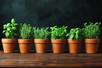 Fototapeta premium Row of herb plants in terracotta pots on rustic wooden table