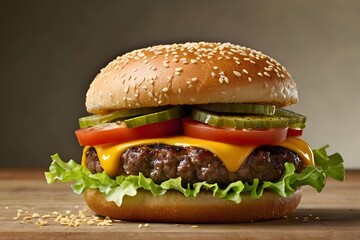 Delicious Gourmet Cheeseburger with Fresh Ingredients on a Soft Background