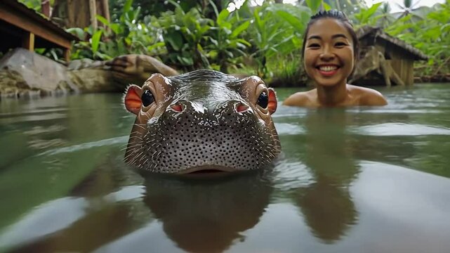 Intimate encounter swimming with a pygmy hippopotamus at a tropical sanctuary as smiling woman bathes in the background serenity