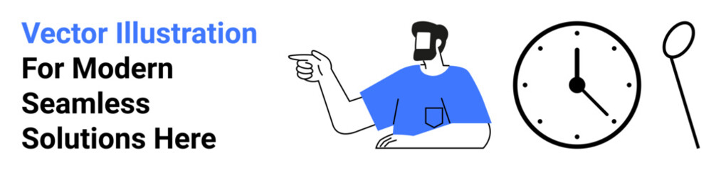 Man pointing with a confident gesture, minimal clock representing time, modern typography. Ideal for time management, modern design, teamwork communication, goals focus, scheduling, efficient