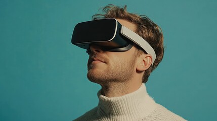 Man wearing VR headset, exploring virtual reality.