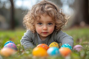 Fototapeta premium Child in garden finding colorful Easter eggs during egg hunt