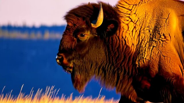 Golden sunlight warming massive bison grazing across windswept prairie grasslands