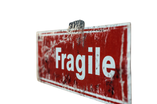 Sign indicating fragile items in a worn-out and weathered condition, typically placed in shipping or storage areas