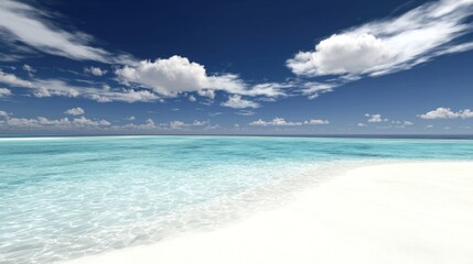 Tropical beach scene, calm turquoise water, white sand, sunny sky.  Possible use Travel brochure, holiday advertisement