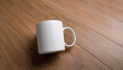 Elevated Perspective of a Minimalist Coffee Mug Sitting on a Light Wooden Tabletop, Adding Textural Contrast to the Simple yet Elegant Scene