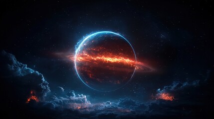 Fiery planet with rings in cosmic clouds.