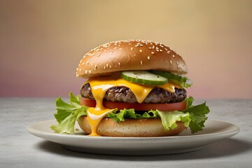 Delicious Gourmet Cheeseburger with Fresh Ingredients on a Soft Background