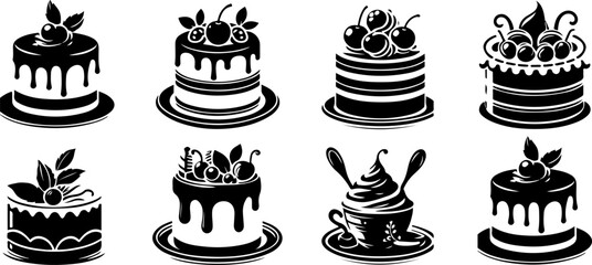 Black and White Cake and Pastry Illustrations Vector Art Set