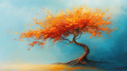 An abstract oil painting of a tree with twisted roots and branching limbs, the leaves rendered as a burst of warm, fiery tones, set against a cool blue background.
