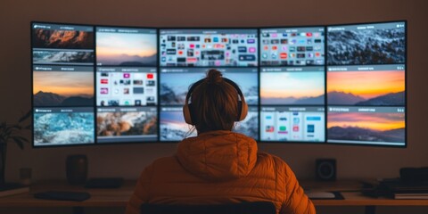 Person editing photos on multiple monitors at home