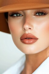 Sophisticated woman exuding timeless elegance with a brown fedora hat and a crisp white shirt in a stylish setting