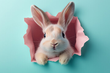Obraz premium Minimalist Easter Bunny Peeking from a Hole on fluffy Pastel Background – Cute Easter Rabbit Ears Concept Art