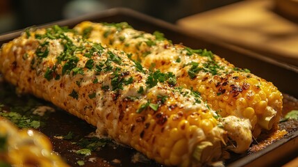 Grilled corn on the cob with creamy sauce and herbs.
