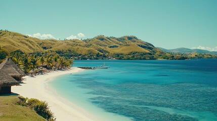 Fototapeta premium Tropical beach resort vista, calm turquoise waters, lush hills, secluded paradise