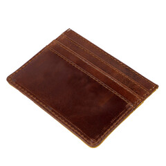 Simple small leather wallet that serves to store a few cards and a little money, isolated on white background