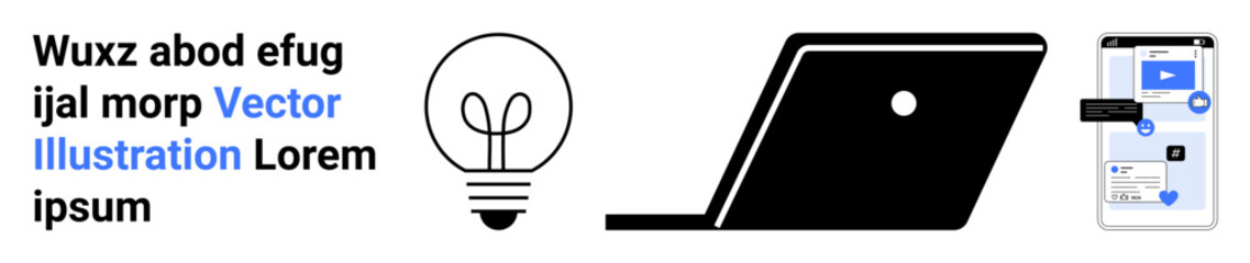 Lightbulb for creativity, laptop for productivity, and smartphone displaying UI elements. Ideal for innovation, technology, workflow, mobile apps, design, modern tools abstract line flat metaphor