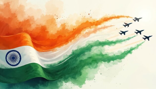 Watercolor background for India Republic Day celebration. Indian flag with fighter jets formation show. National tricolor banner, independence, nation, freedom, indian design, culture, illustration,