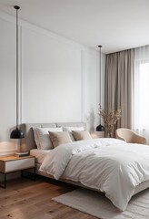 Contemporary elegant bedroom interiors with a soft ambiance and warm tones in a minimalist style
