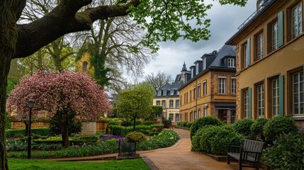 European town square, spring blossom, charming houses, tranquil scene