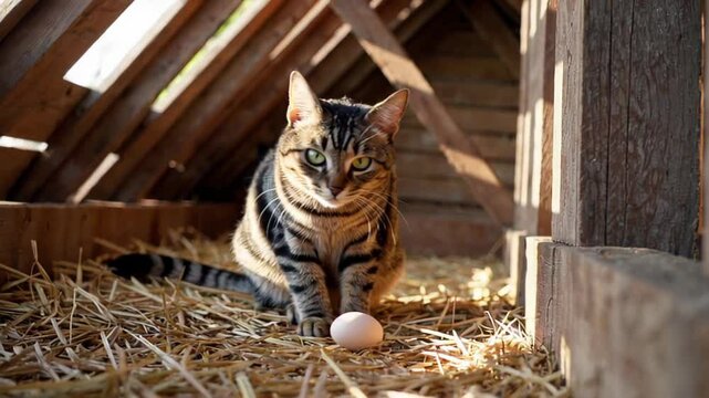European shorthair cat carefully observing white egg nestled amid golden straw inside rustic wooden chicken coop, soft natural sunlight casting gentle shadows across peaceful farm scene