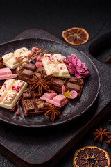 Multicolored handmade chocolate bars pink, white, brown colors