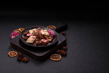 Multicolored handmade chocolate bars pink, white, brown colors