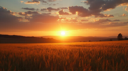 Golden Sunset Over a Vast Wheat Field with a Vibrant Orange Sky