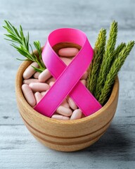 Pink ribbon, herbs, and pills in wooden bowl, awareness