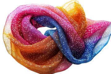 Colorful silk scarf displaying a gradient of vibrant hues on a white background perfect for fashion enthusiasts