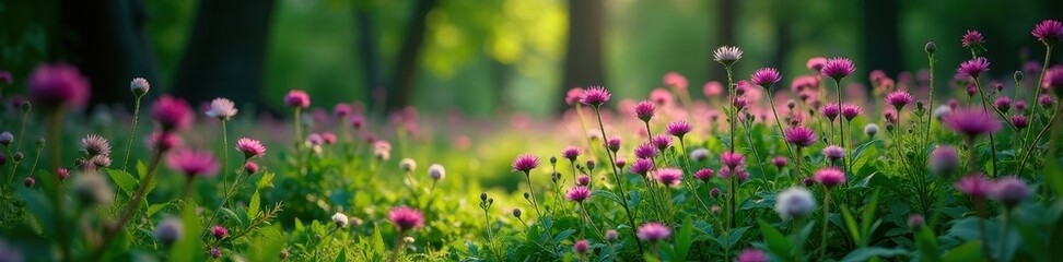 Obraz premium Dense Black Knapweed colony thriving in shaded woodland setting , summer, rural