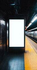 Empty subway platform with illuminated blank billboard, surrounded by tiled walls and fluorescent lights, creating an eerie urban atmosphere. 
